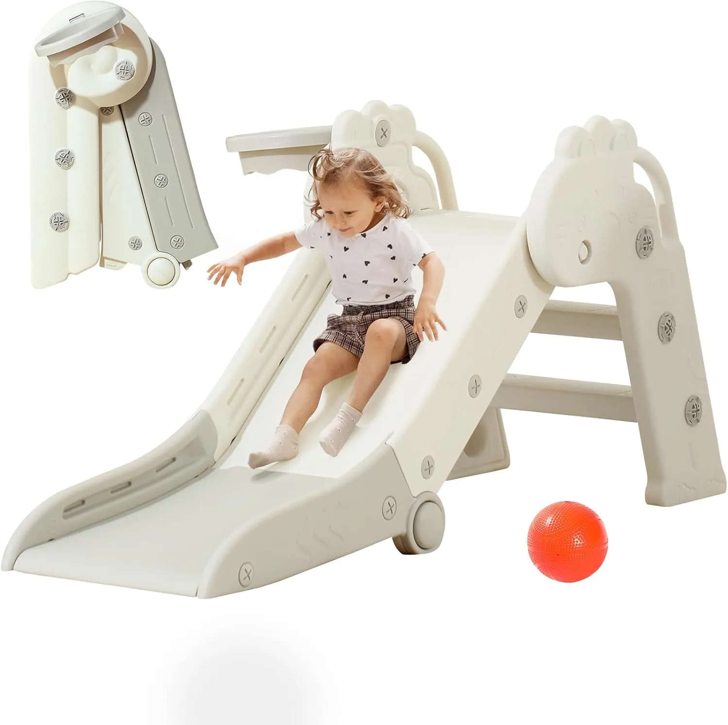 Toddler Slide, Indoor Slide for Toddlers Age 3 , Climber Freestanding Playset with Basketball Hoop, Easy to Store and Set Up, Gray
