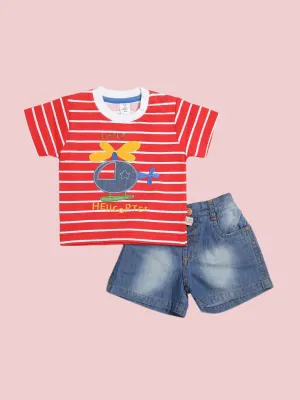 ToffyHouse Baby Boy Little Helicopter Striped T-Shirt and Denim Shorts Set