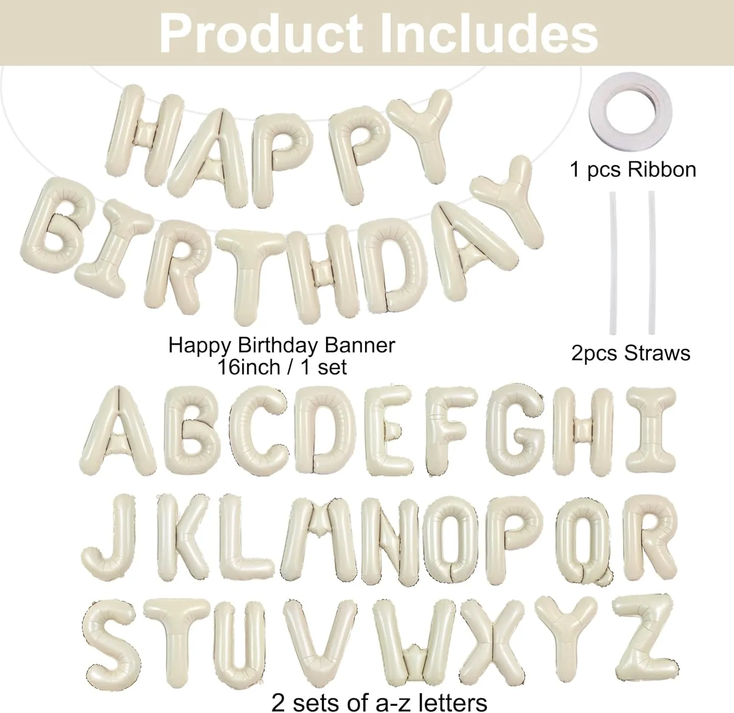 TONIFUL 65 Pcs Personalized Name Letter A-Z Balloons 16 Inch Cream White Happy Birthday Balloon and 2 Sets A-Z Foil Letter Balloons Create Your Own Name Banner for Birthday Celebration Party Decor