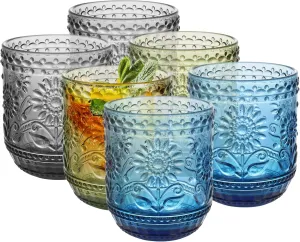 Topsky Vintage Colored Glassware Set of 6,12 oz Green Sunflower Drinking Glasses Set,Blue Drinkware Glasses for Wine,Cocktail,juice,Heavy Duty Glass Cups