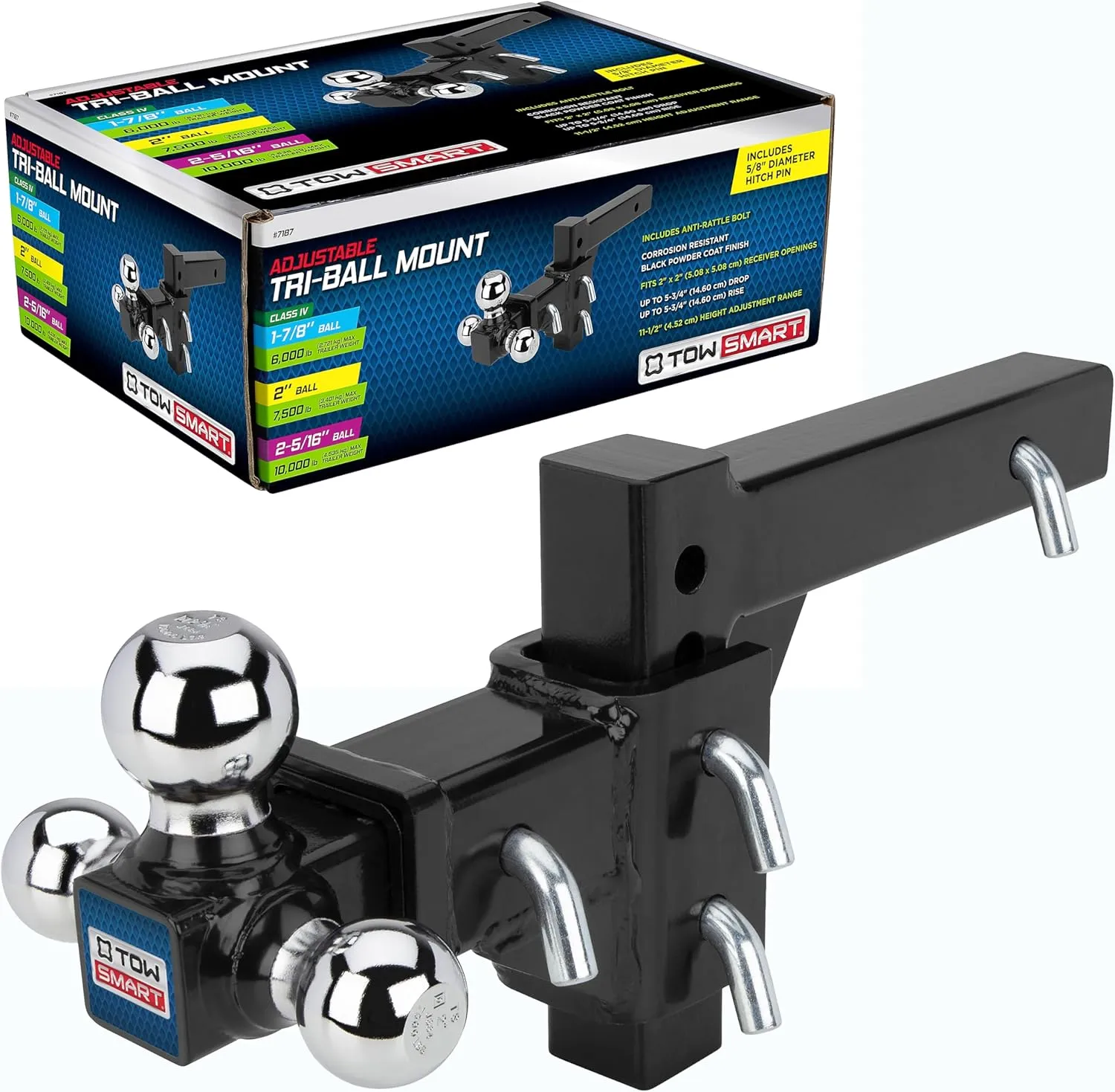 TowSmart Adjustable Tri-Ball Mount Hitch, 6,000-10,000 lbs Capacity, 2'' Receiver, 11.5'' Height Adjustment, Corrosion-Resistant, Fits Class III & IV