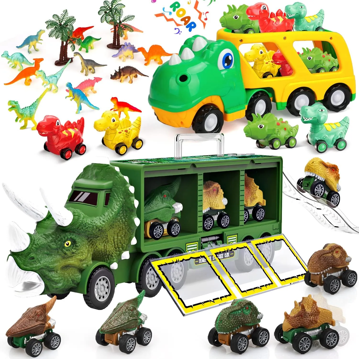 TOY Life Toddler Car Toy for 1  Year Old, Dinosaur Toys for Kids 1-3 3-5 5-7, Dinosaur Truck with 6 Pull Back Dinosaur Cars and Dinosaur Figure