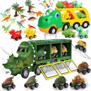 TOY Life Toddler Car Toy for 1  Year Old, Dinosaur Toys for Kids 1-3 3-5 5-7, Dinosaur Truck with 6 Pull Back Dinosaur Cars and Dinosaur Figure