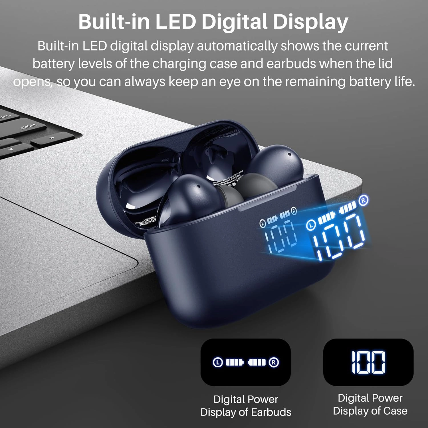 TOZO T20 Wireless Earbuds Bluetooth Headphones 48.5 Hrs Playtime with LED Digital Display, IPX8 Waterproof, Dual Mic Call Noise Cancelling 10mm Broad Range Speakers with Wireless Charging Case Blue