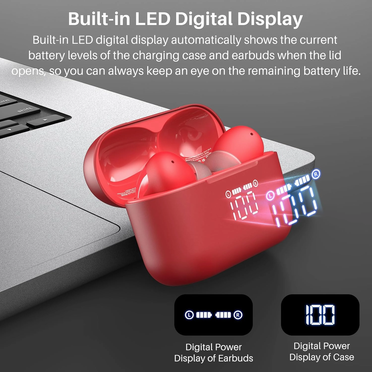 TOZO T20 Wireless Earbuds Bluetooth Headphones 48.5 Hrs Playtime with LED Digital Display, IPX8 Waterproof, Dual Mic Call Noise Cancelling 10mm Broad Range Speakers with Wireless Charging Case Red