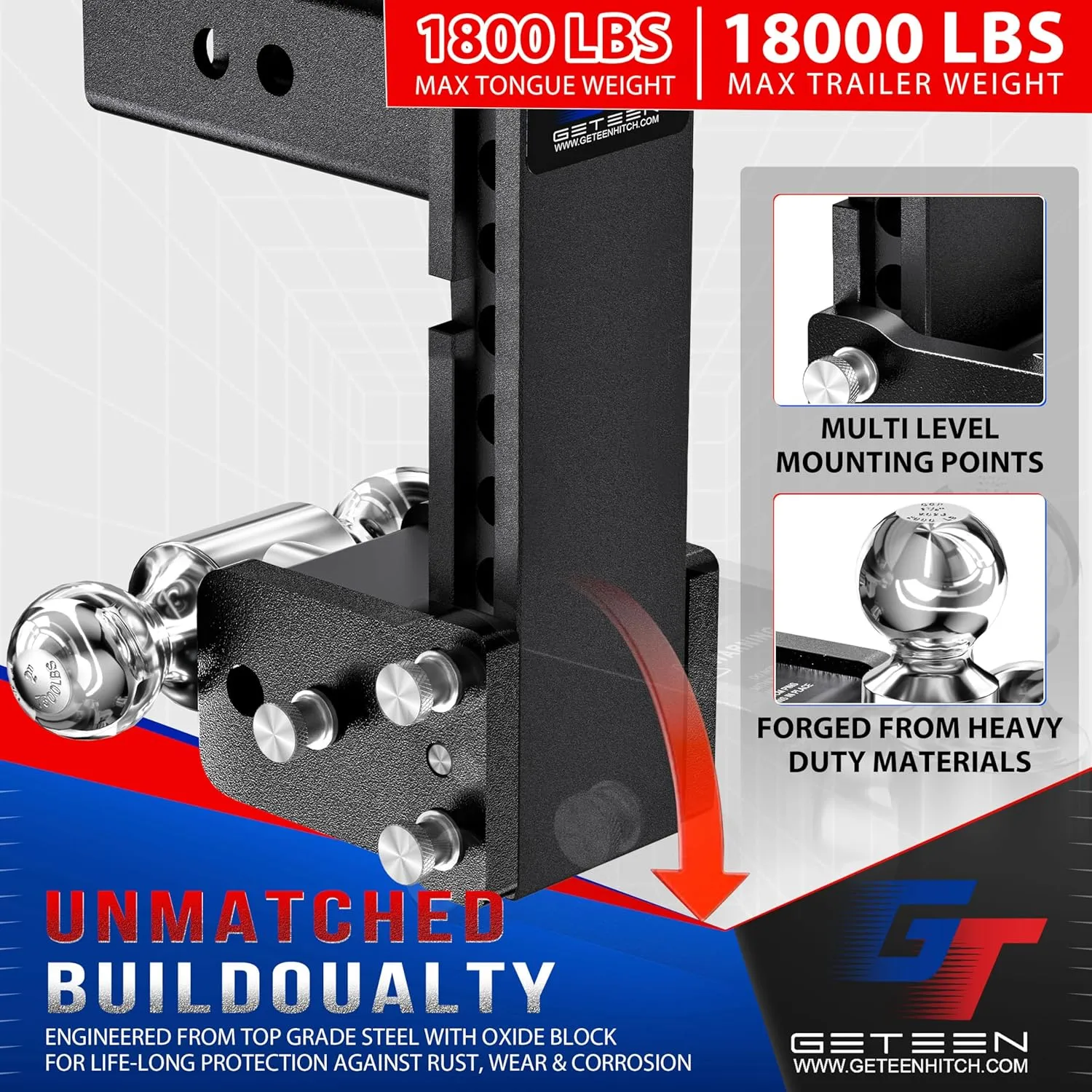 Trailer Hitches, Adjustable Trailer Hitch Ball Mount - Fits 2.5" Receiver, Dual Ball (2" x 2-5/16"), 7" Drop, 15,000 GTW - GT25072B