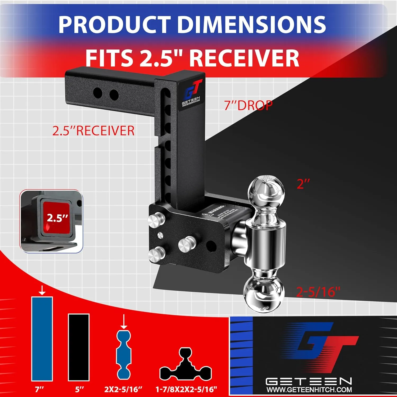 Trailer Hitches, Adjustable Trailer Hitch Ball Mount - Fits 2.5" Receiver, Dual Ball (2" x 2-5/16"), 7" Drop, 15,000 GTW - GT25072B