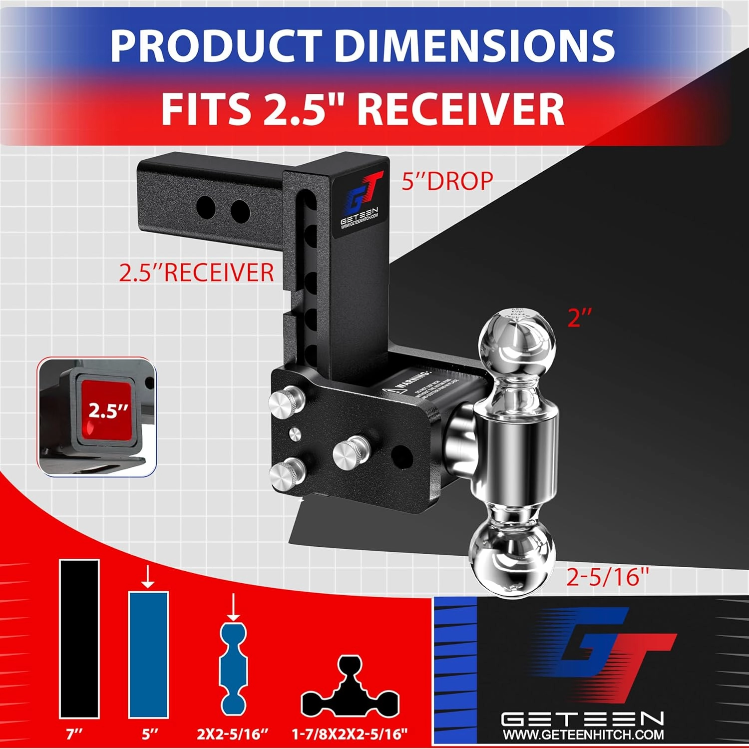 Trailer Hitches, Adjustable Trailer Hitch Ball Mount - Fits 2.5" Receiver, Dual Ball (2" x 2-5/16"), 5" Drop, 15,000 GTW - GT25052B