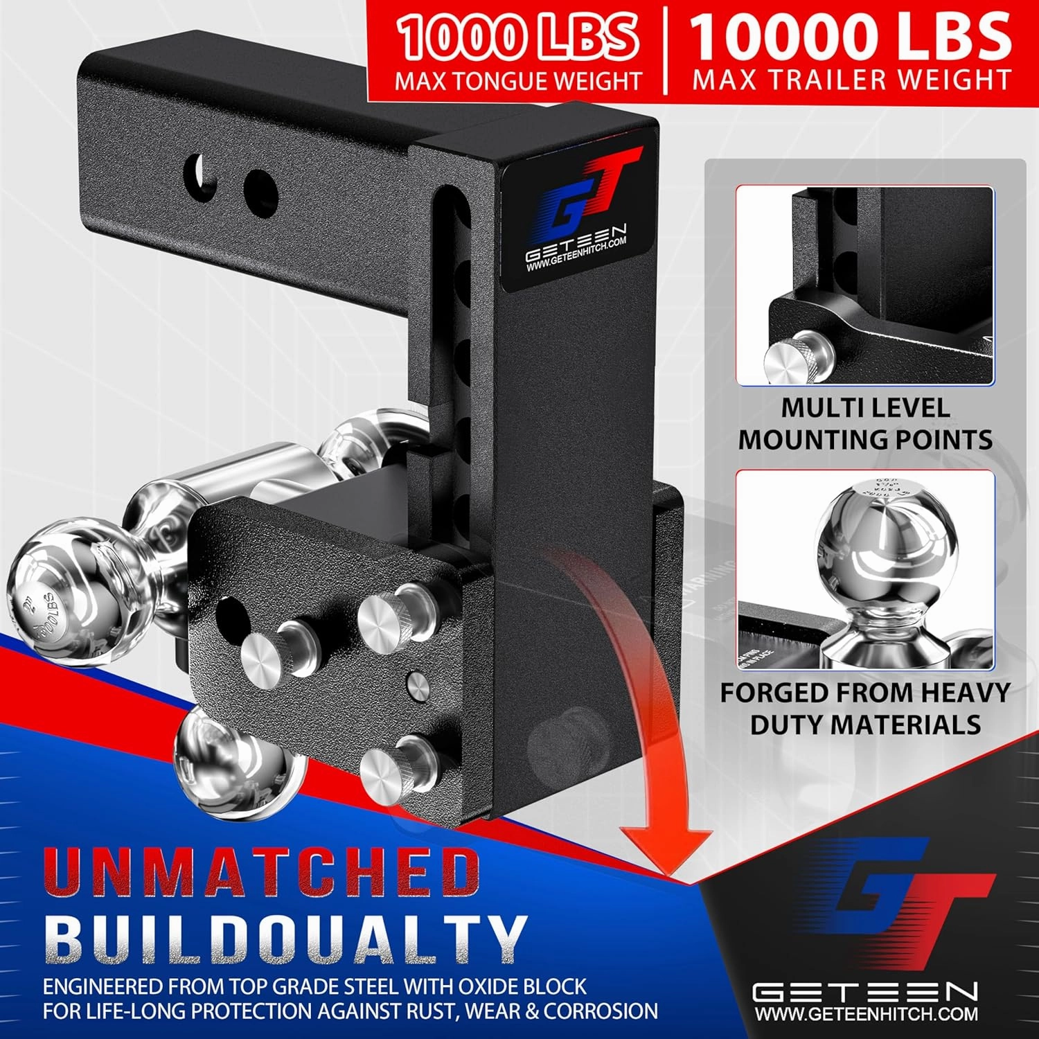 Trailer Hitches, Adjustable Trailer Hitch Ball Mount - Fits 2" Receiver, Tri-Ball (1-7/8" x 2" x 2-5/16"), 5" Drop, 10,000 GTW - GT20053B