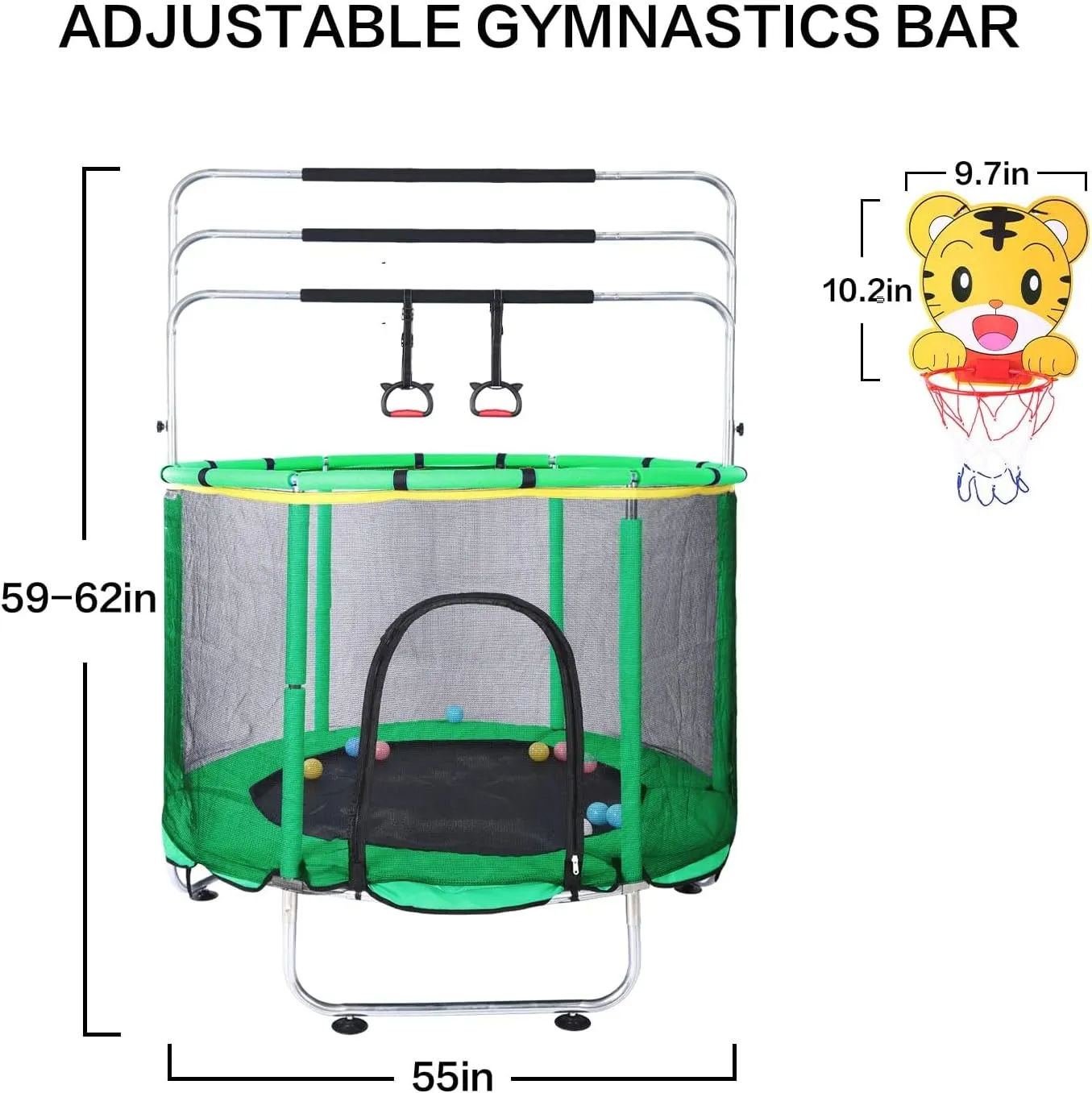 Trampoline for Kids, Adjustable Baby Toddler Trampoline with Basketball Hoop, 440lbs Indoor Outdoor Toddler Trampoline with Enclosure