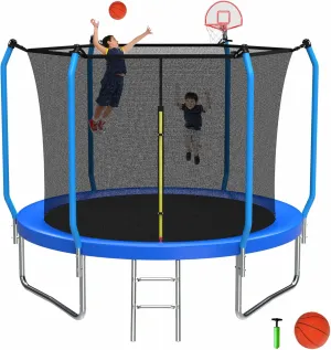 Trampoline Outdoor 8FT 10FT 12FT 14FT ecreational Trampoline for Kids and Adults, Basketball Hoop Recreational Trampolines with Ladder Enclosure Net and AntiRust Coating, ASTM Approval Safety Design