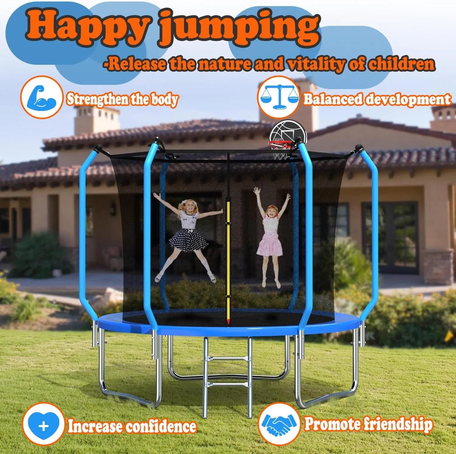 Trampoline Outdoor 8FT 10FT 12FT 14FT ecreational Trampoline for Kids and Adults, Basketball Hoop Recreational Trampolines with Ladder Enclosure Net and AntiRust Coating, ASTM Approval Safety Design