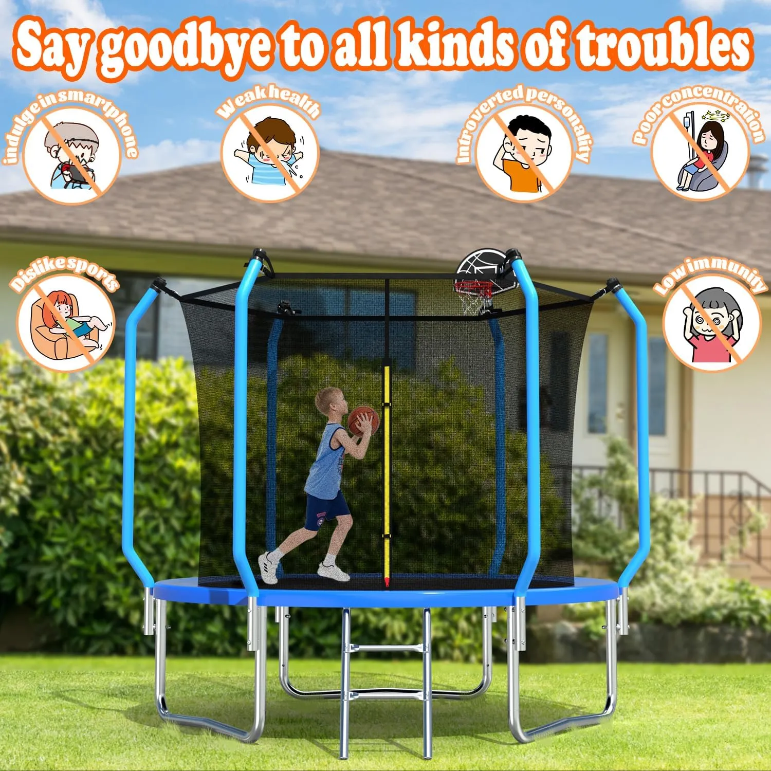 Trampoline Outdoor 8FT 10FT 12FT 14FT ecreational Trampoline for Kids and Adults, Basketball Hoop Recreational Trampolines with Ladder Enclosure Net and AntiRust Coating, ASTM Approval Safety Design