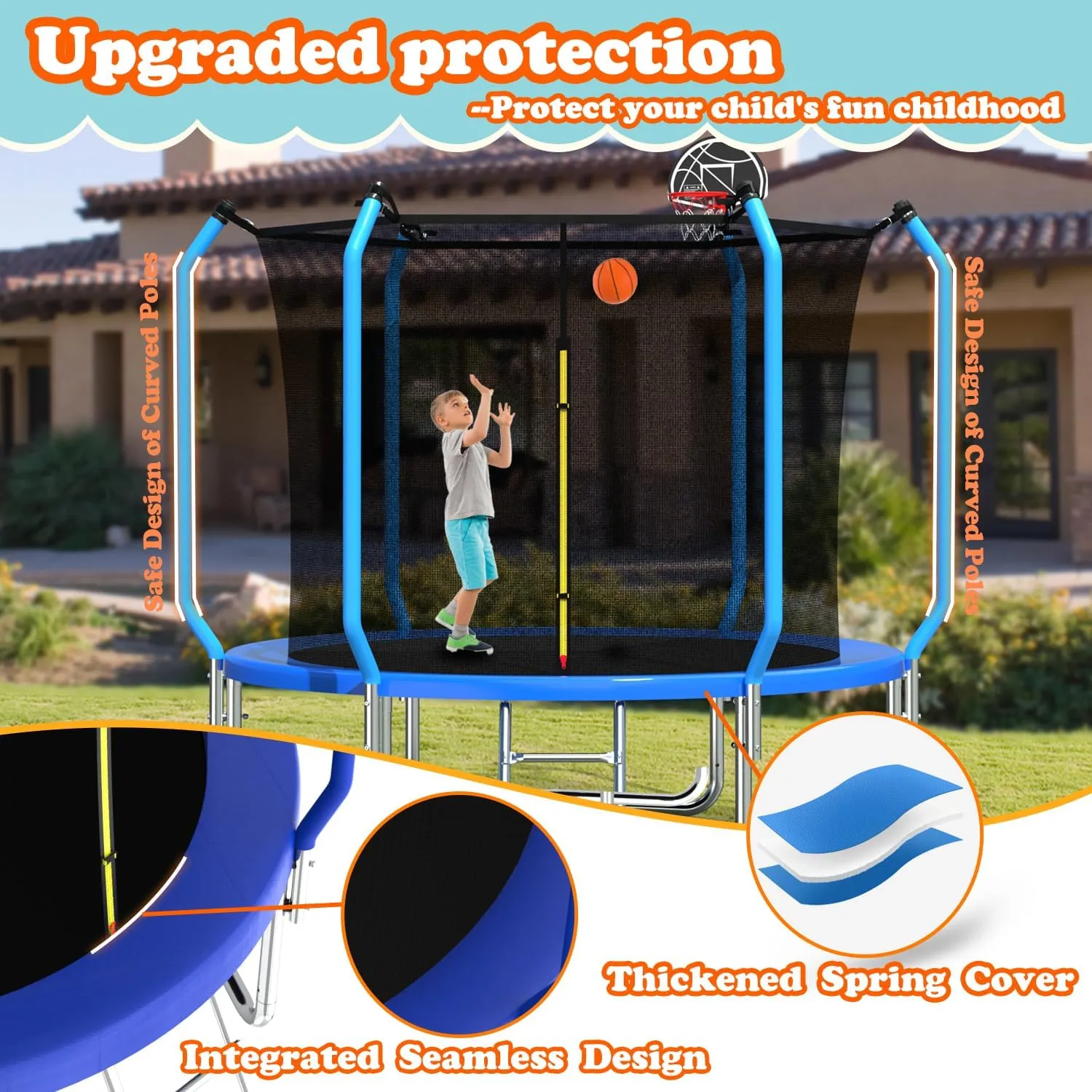 Trampoline Outdoor 8FT 10FT 12FT 14FT ecreational Trampoline for Kids and Adults, Basketball Hoop Recreational Trampolines with Ladder Enclosure Net and AntiRust Coating, ASTM Approval Safety Design