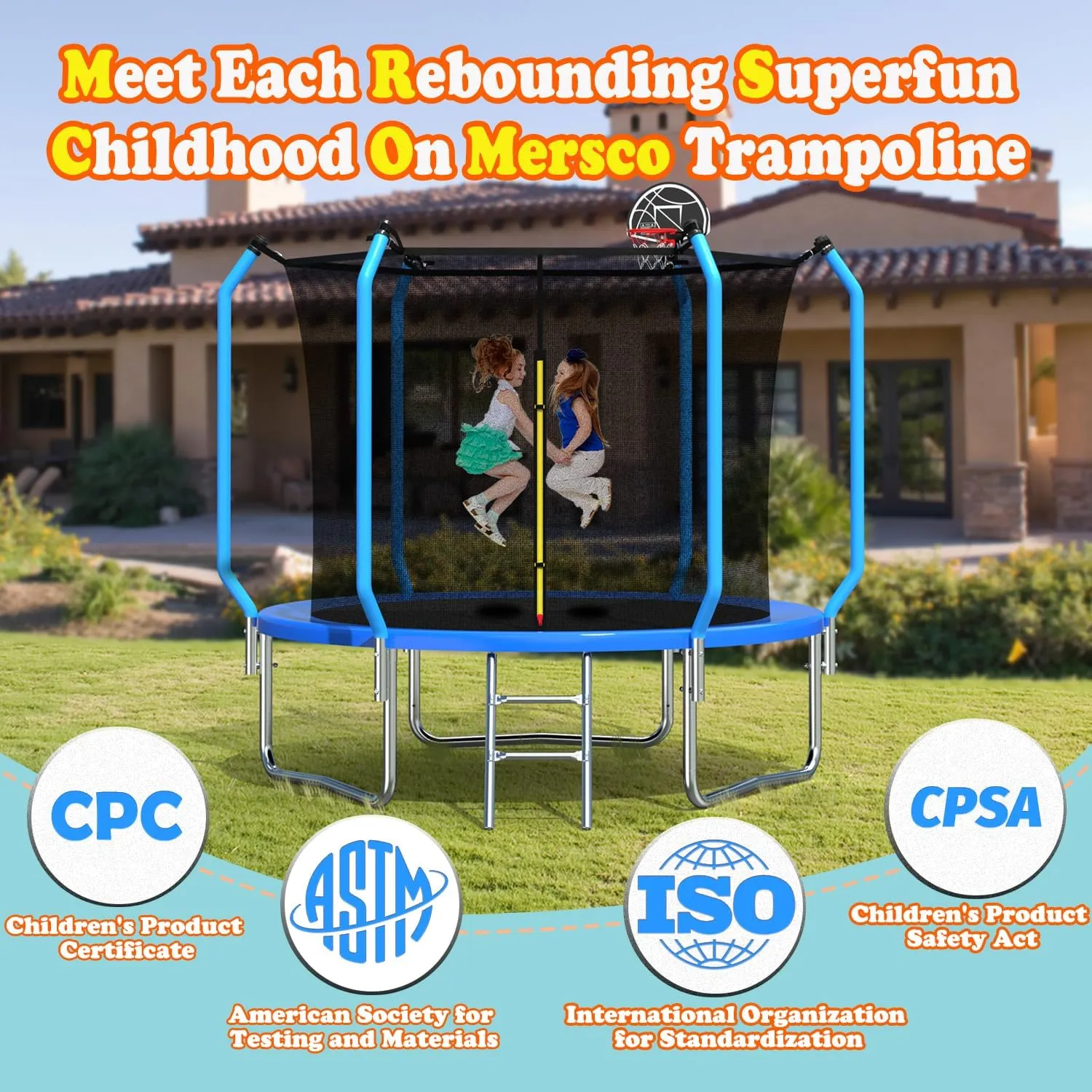 Trampoline Outdoor 8FT 10FT 12FT 14FT ecreational Trampoline for Kids and Adults, Basketball Hoop Recreational Trampolines with Ladder Enclosure Net and AntiRust Coating, ASTM Approval Safety Design