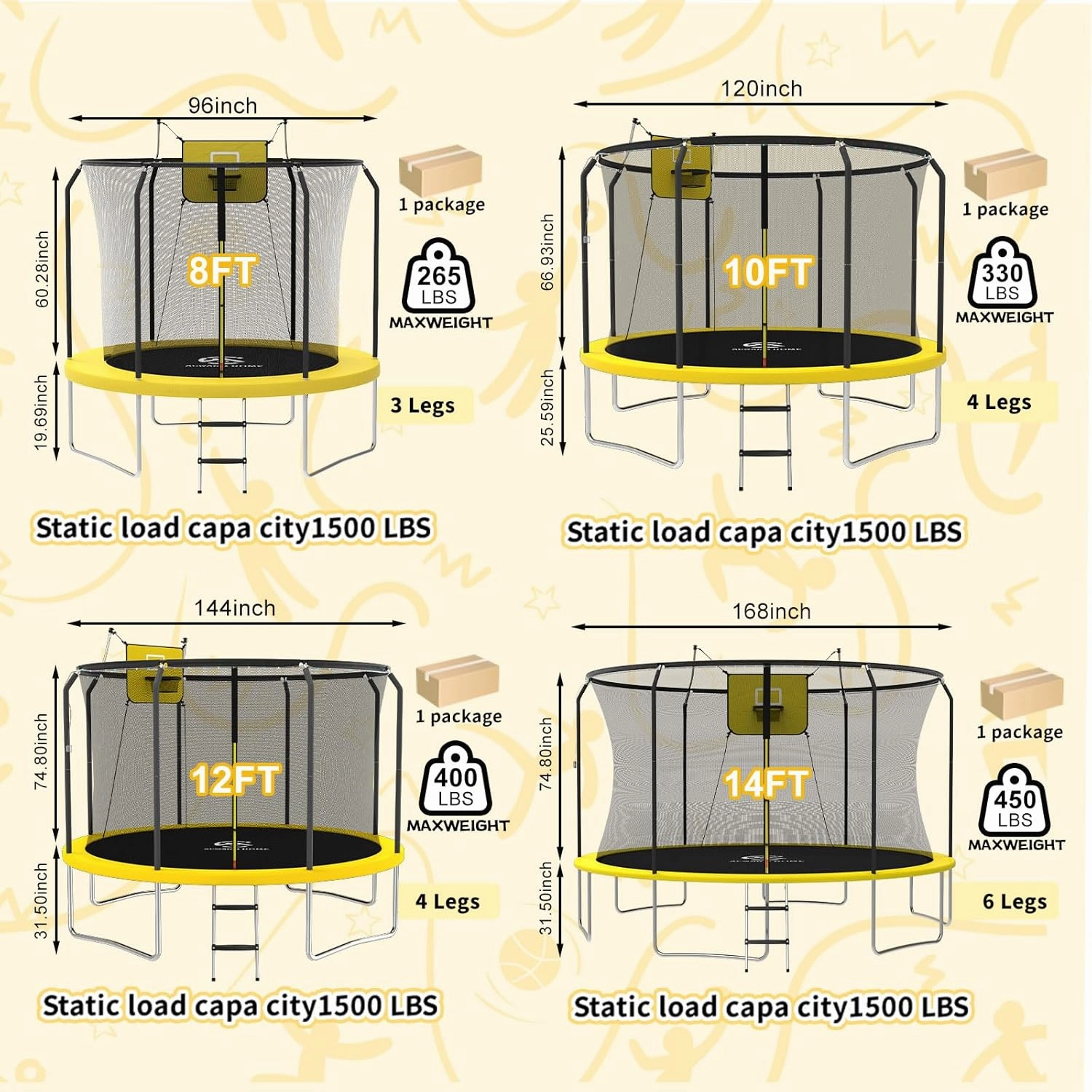 Trampoline 8FT 10FT 12FT 14FT Trampoline with Basketball Hoop and LED Lights Outdoor Trampoline for Kids and Adults Recreational Trampolines with Net and Ladder ASTM Approved