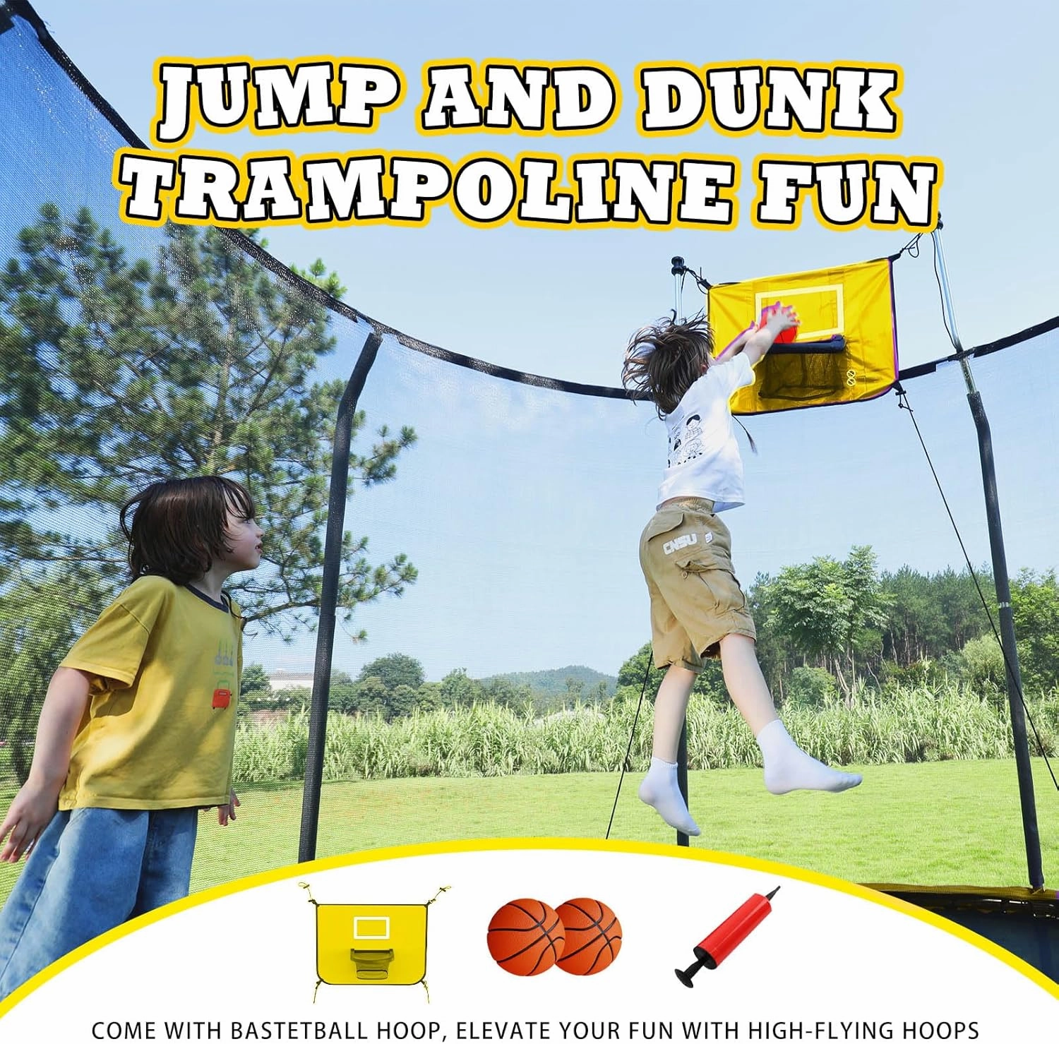 Trampoline 8FT 10FT 12FT 14FT Trampoline with Basketball Hoop and LED Lights Outdoor Trampoline for Kids and Adults Recreational Trampolines with Net and Ladder ASTM Approved