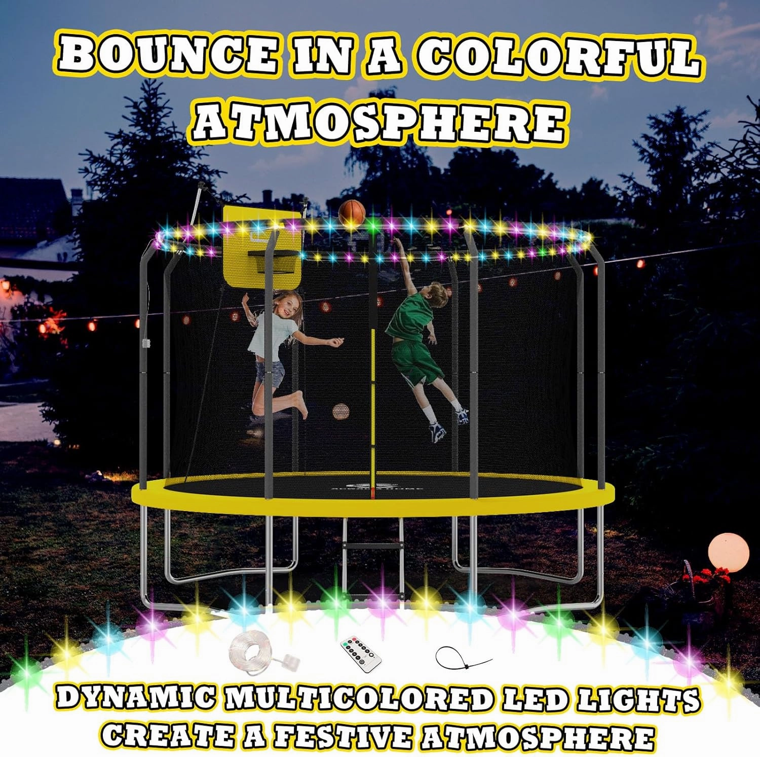 Trampoline 8FT 10FT 12FT 14FT Trampoline with Basketball Hoop and LED Lights Outdoor Trampoline for Kids and Adults Recreational Trampolines with Net and Ladder ASTM Approved