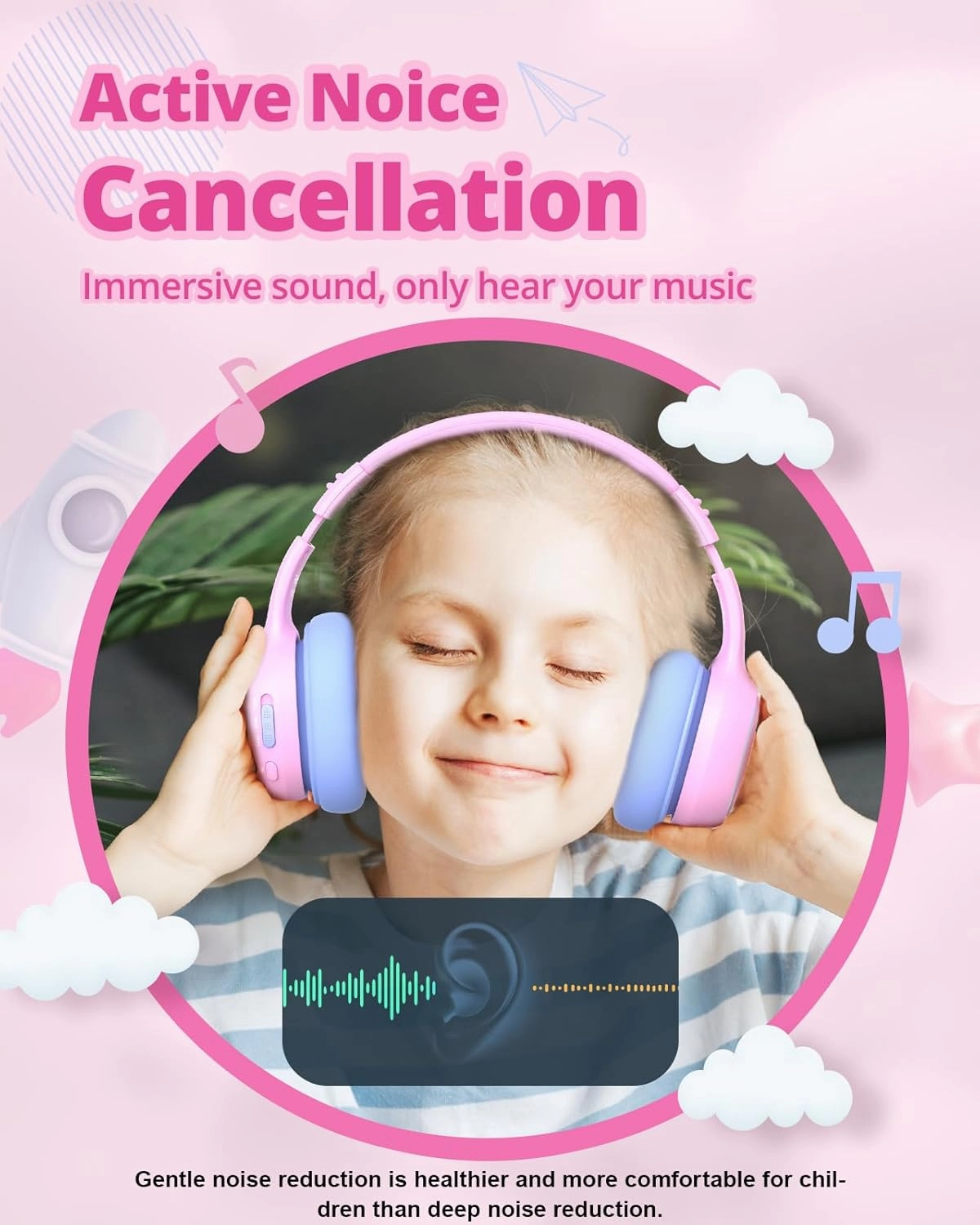Tronsmart KH03 Kids Noise Cancelling Bluetooth Headphones, Safe Volume Control, Wireless Headphones with Light & Microphone, 70H Playtime, Built-in Audio Cable, for School/Travel/Airplane(Pink)
