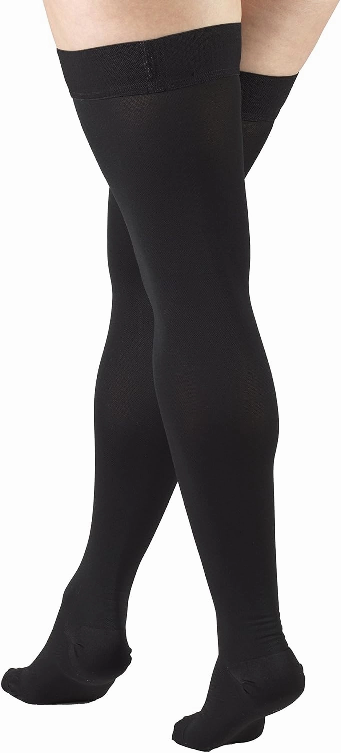 Truform 20-30 mmHg Compression Stockings for Men and Women, Thigh High Length, Dot Top, Closed Toe, Black, Medium