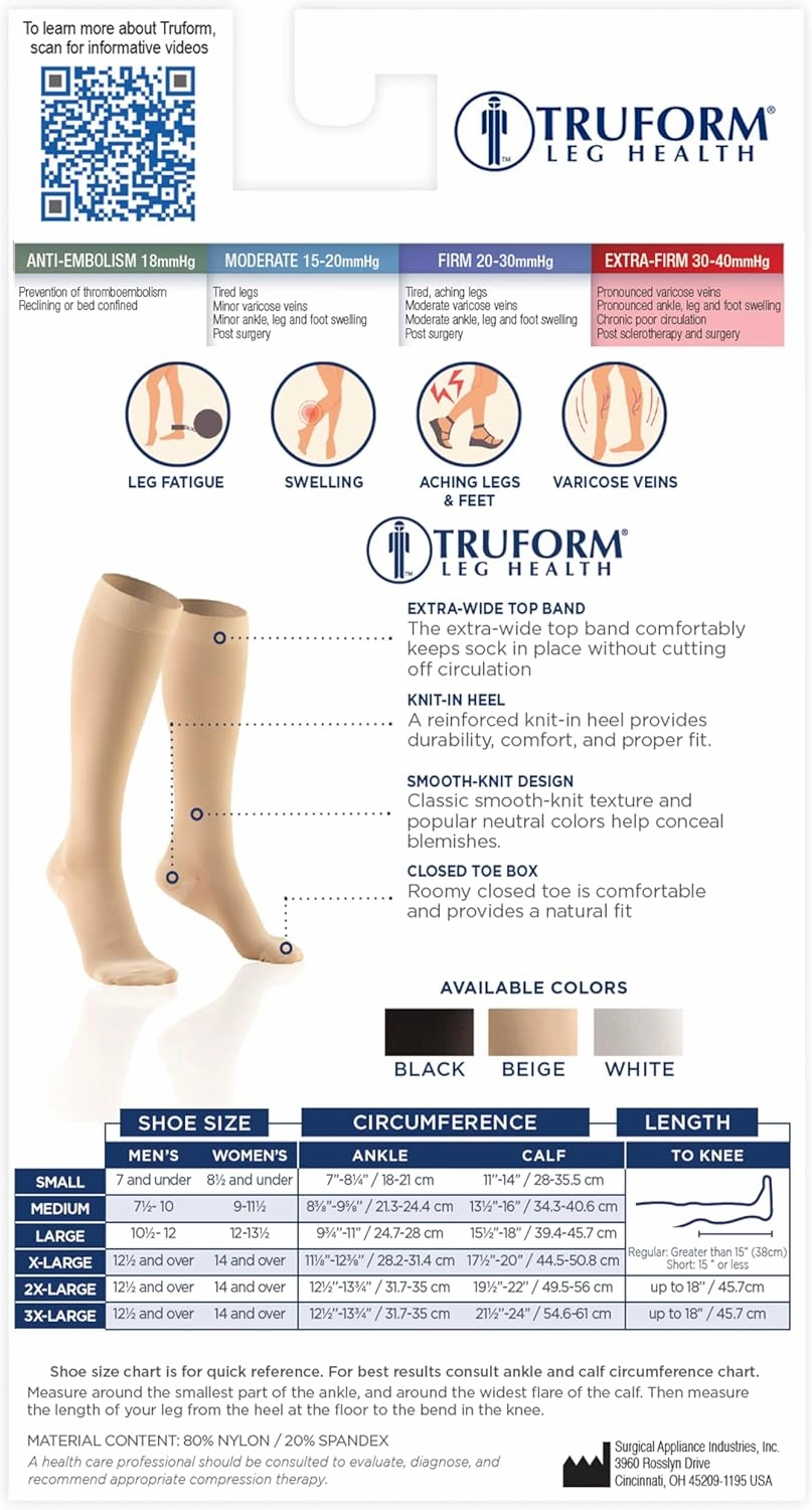 Truform 30-40 mmHg Compression Stockings for Men and Women, Knee High Length, Closed Toe, Black, Large