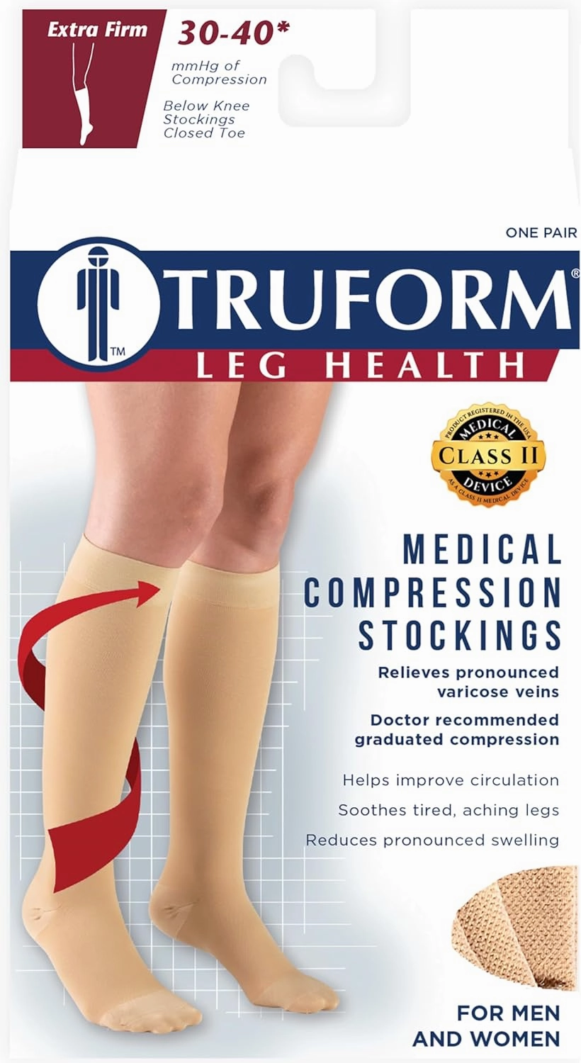 Truform 30-40 mmHg Compression Stockings for Men and Women, Knee High Length, Closed Toe, Black, Large