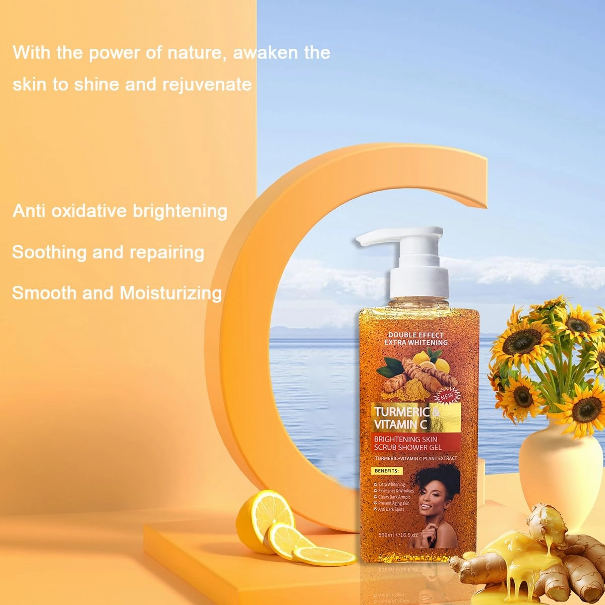 Turmeric and Vitamin C Brightening Shower Gel, 16.9 oz, Natural Skin Whitening Scrub with Anti-Oxidative Properties