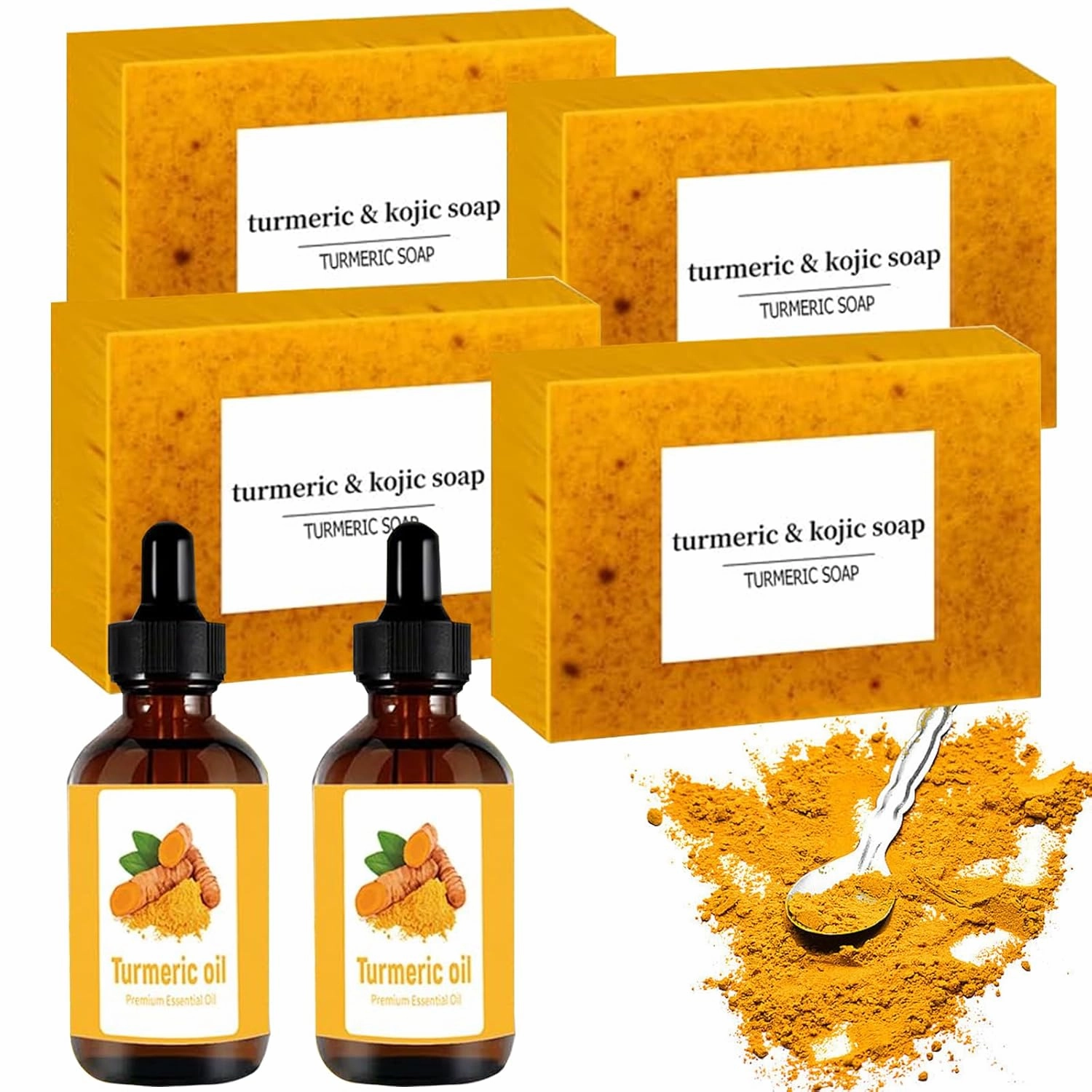 Turmeric Soap & Essential Oil Set, Including 6 Turmeric Kojic Soap & Essential Oils, Natural Lemon Honey Handmade Bar for Wash Face & Body, Jabon de Curcuma para Las Manchas Kit for Women & Men