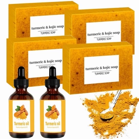 Turmeric Soap & Essential Oil Set, Including 6 Turmeric Kojic Soap & Essential Oils, Natural Lemon Honey Handmade Bar for Wash Face & Body, Jabon de Curcuma para Las Manchas Kit for Women & Men