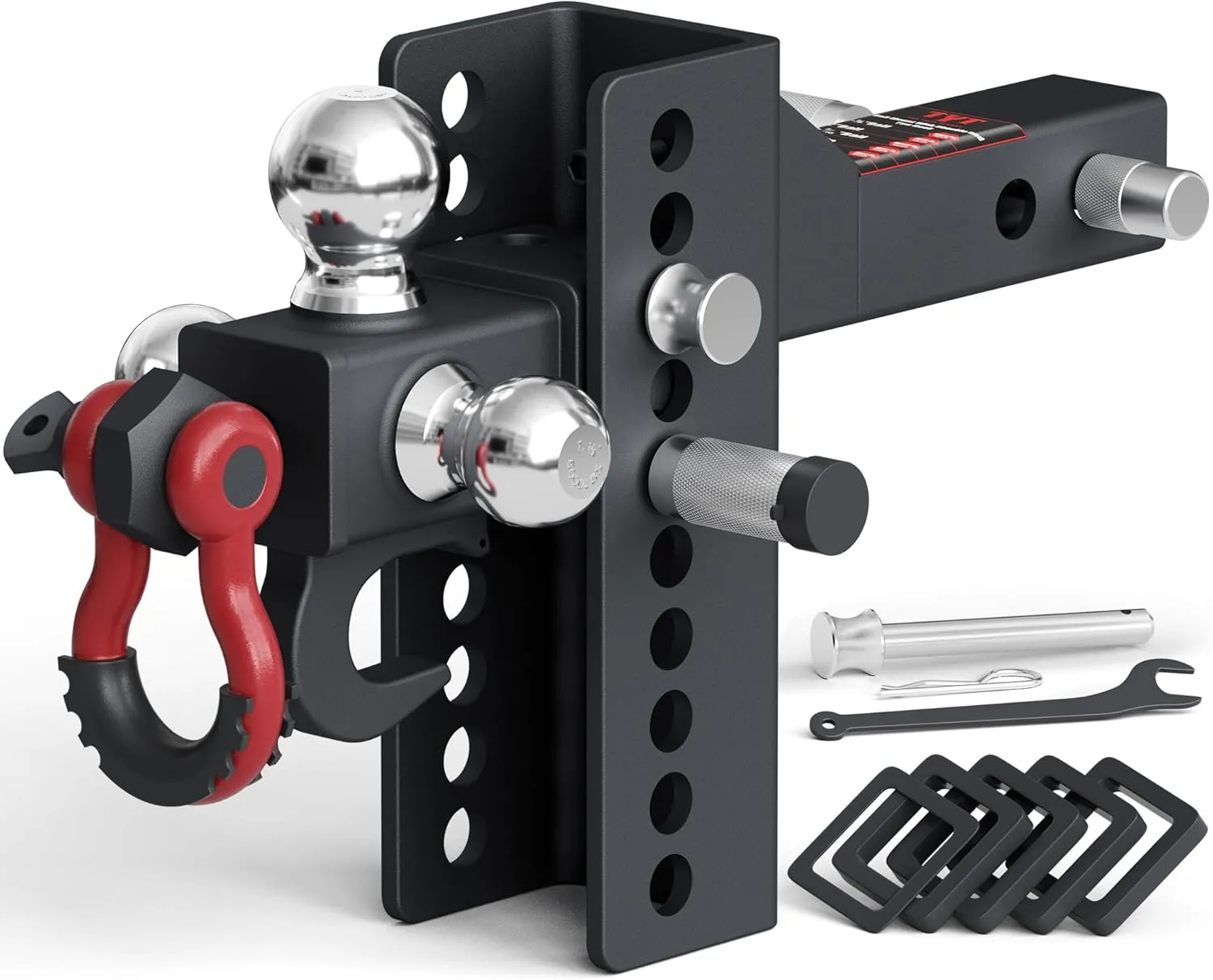 TYT Adjustable Trailer Hitch Tri Ball Mount with Swivel Shackle and Tow Hook, Fits 2 inch Receiver, 1-7/8" & 2" &2-5/16" Ball, Heavy-Duty Towing Hitch