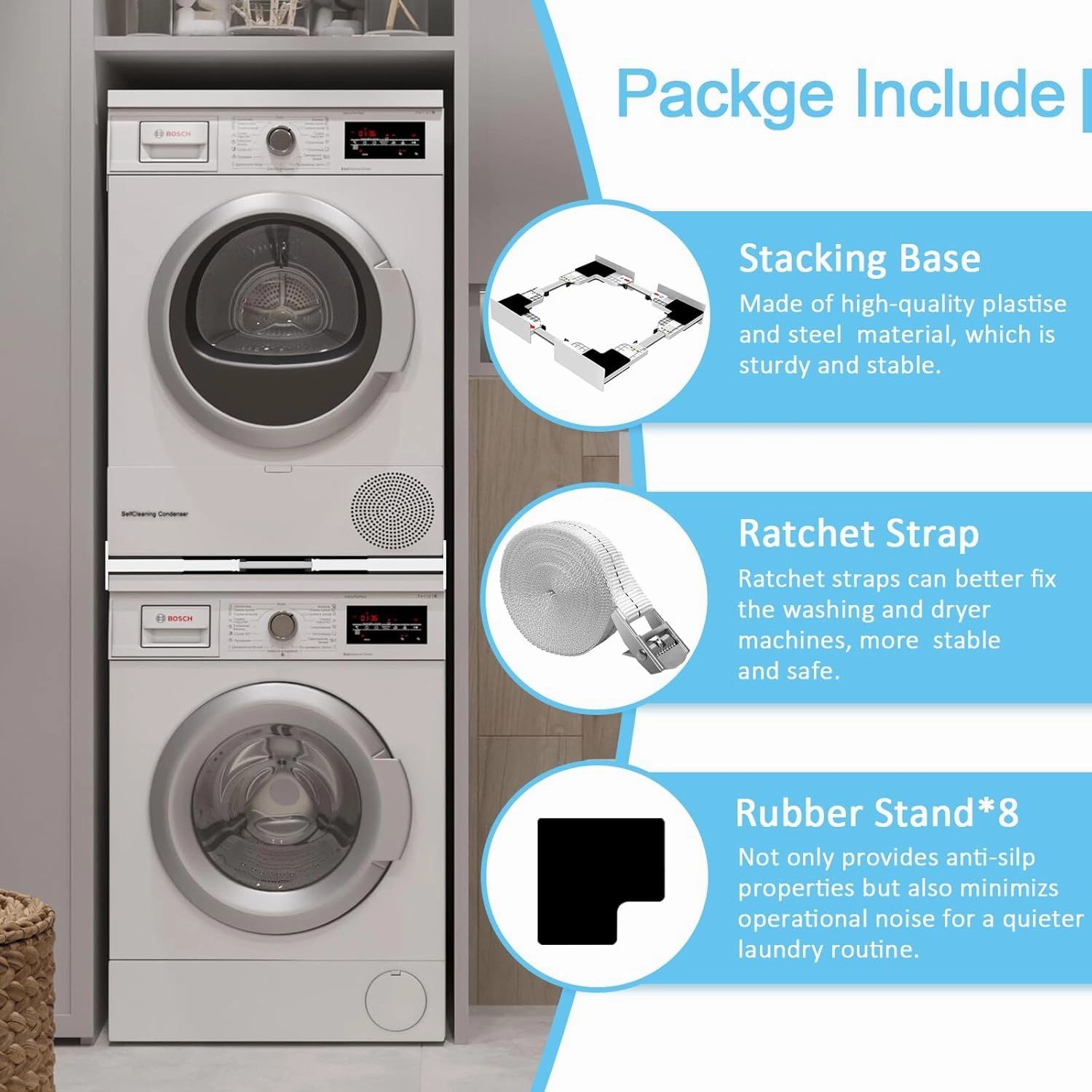 Upgrade Washer Dryer Stacking Kit, Universal Washer Dryer Stacking Kit Adjustable 29/28/27/26/25/24 Inch, Small Space Saving Solution Stacking Kit for Washer and Dryer with Ratchet Strap