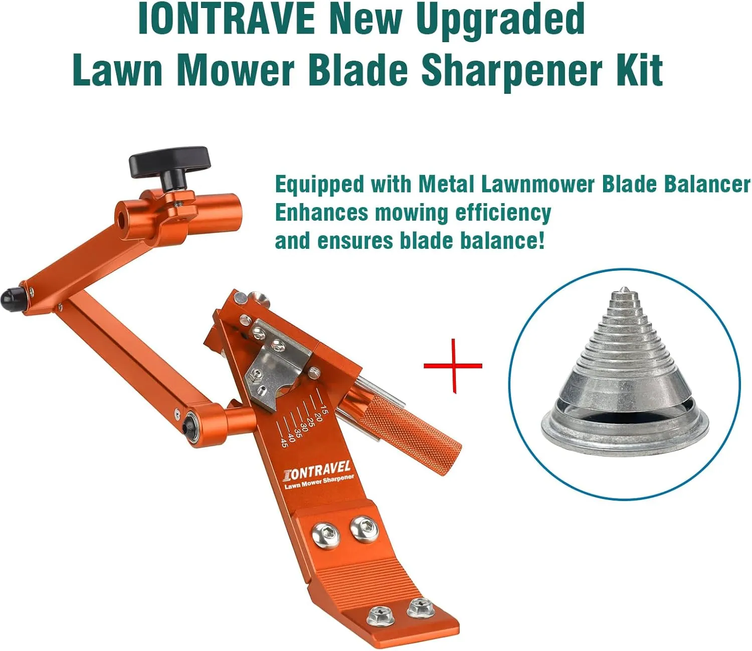 Upgraded Lawn Mower Blade Sharpener with Ball Bearing Handle and 15°-45° Adjustable Frame, for Straight & Standard Lawn Mower Blades,Lawnmower Blade Sharpener Kit with Metal Blade Balancer,5005,Orange