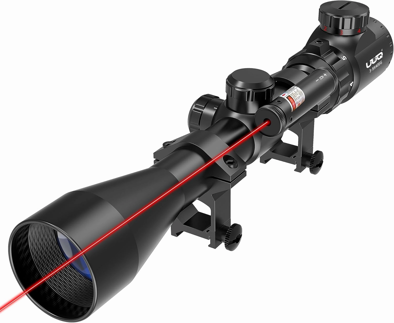 UUQ 3-9×40 Rifle Scope with Gun Laser, Red/Green Illumination, and Rangefinder Reticle - for Hunting, Airsoft, and Pellet Guns,Waterproof and Fog-Proof,Fits 20mm Free Mounts,Includes Batteries