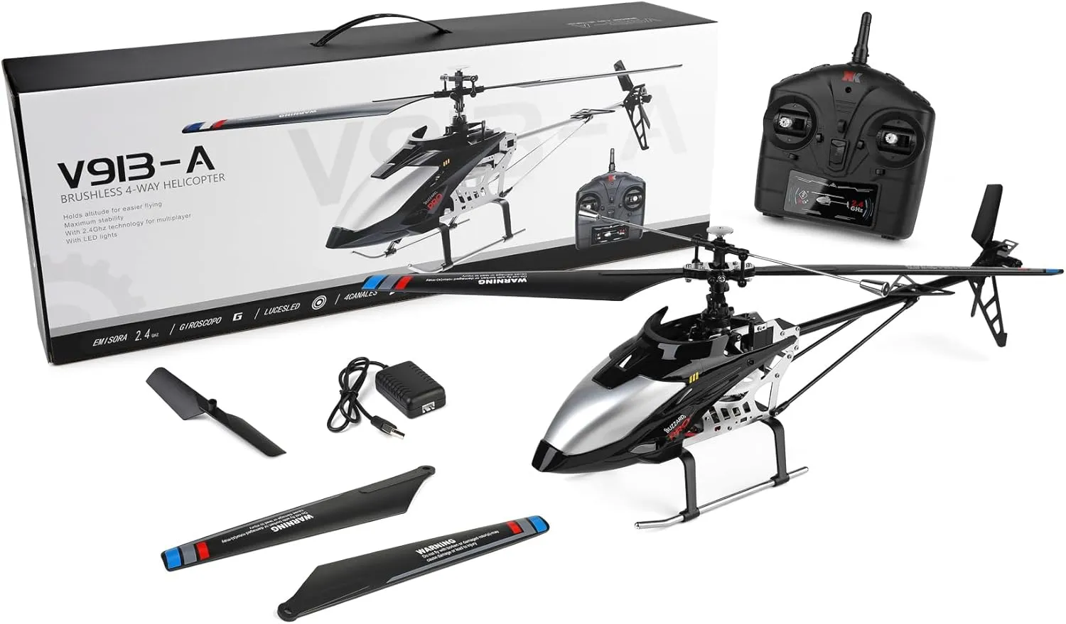 V913a 21.65 Inch RC Helicopter for Adults, Black Silver Large Brushless 4 Channel Single Paddle 2.4G LCD RC Helicopter Large RC Model Airplane - 2PCS Battery