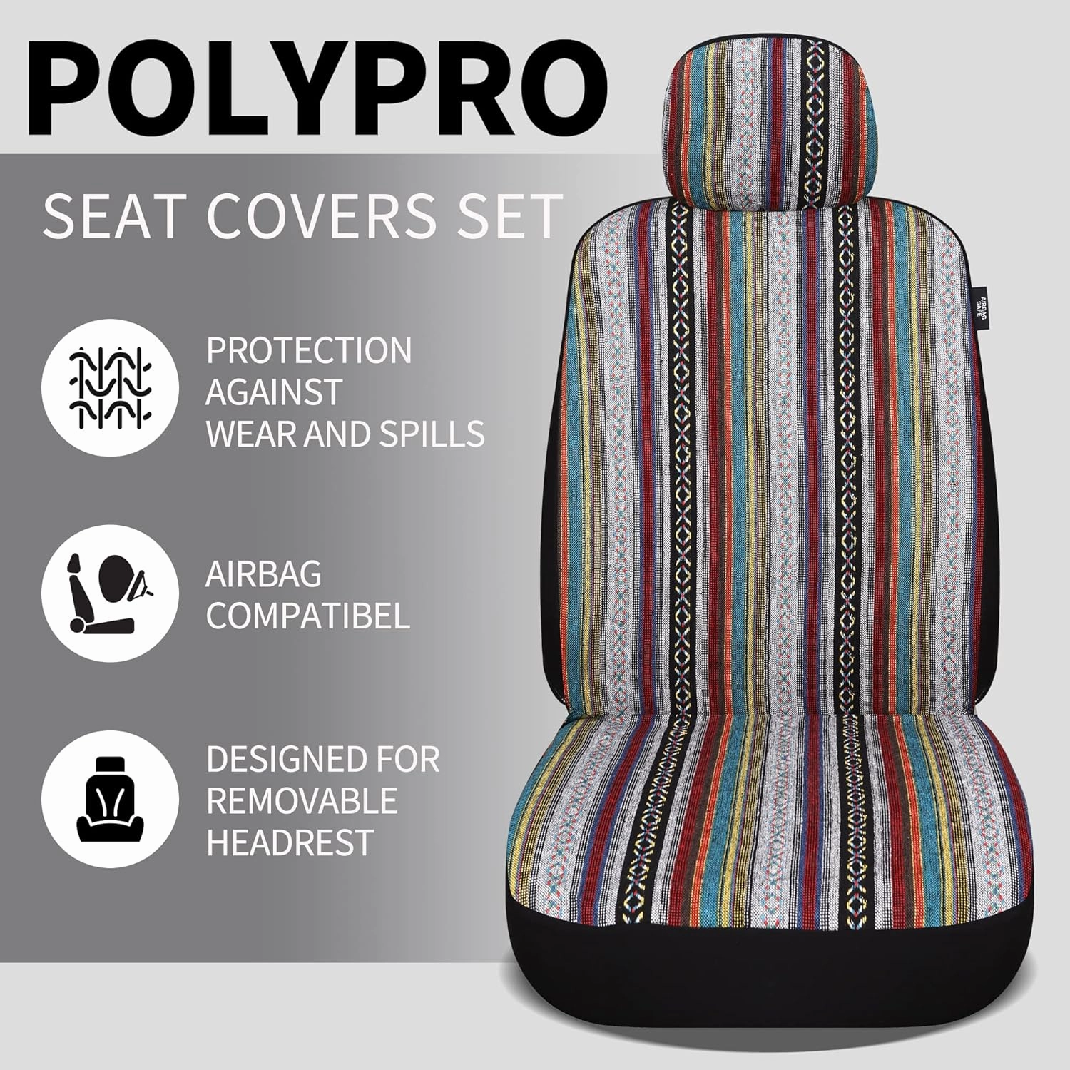 VarCozy Baja Saddle Blanket Seat Covers, Front Seat Covers for Sedan, SUV, Truck, Universal Stripe Colorful Woven Automotive Seat Cover, Breathable, Washable, Airbag Compatible (VC-02-A1)