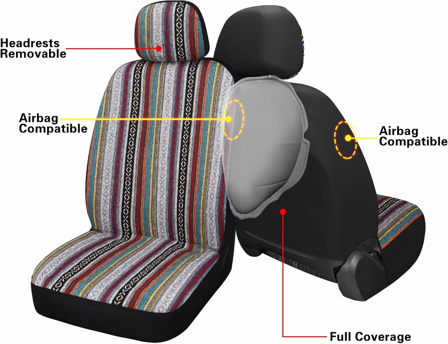VarCozy Baja Saddle Blanket Seat Covers, Front Seat Covers for Sedan, SUV, Truck, Universal Stripe Colorful Woven Automotive Seat Cover, Breathable, Washable, Airbag Compatible (VC-02-A1)