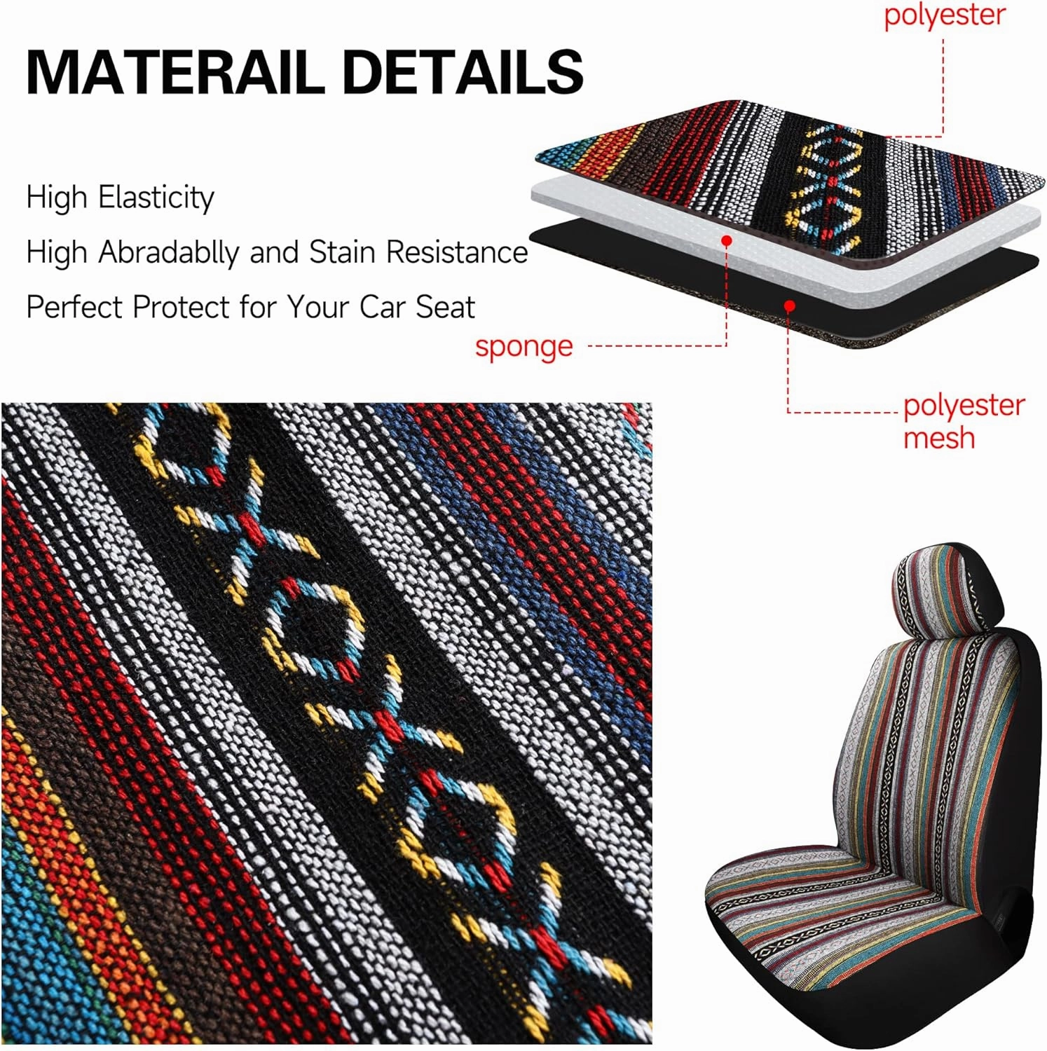 VarCozy Baja Saddle Blanket Seat Covers, Front Seat Covers for Sedan, SUV, Truck, Universal Stripe Colorful Woven Automotive Seat Cover, Breathable, Washable, Airbag Compatible (VC-02-A1)