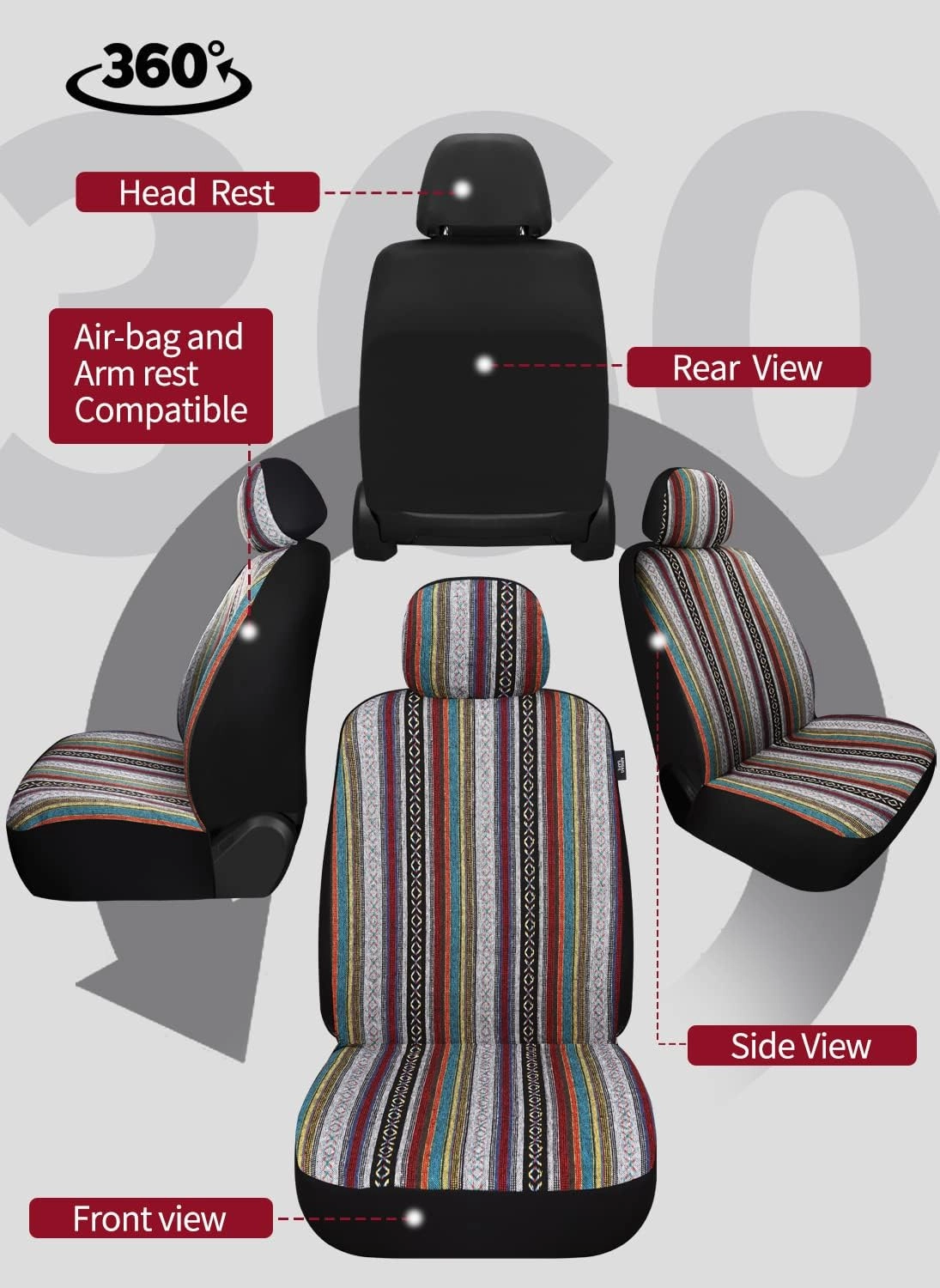 VarCozy Baja Saddle Blanket Seat Covers, Front Seat Covers for Sedan, SUV, Truck, Universal Stripe Colorful Woven Automotive Seat Cover, Breathable, Washable, Airbag Compatible (VC-02-A1)