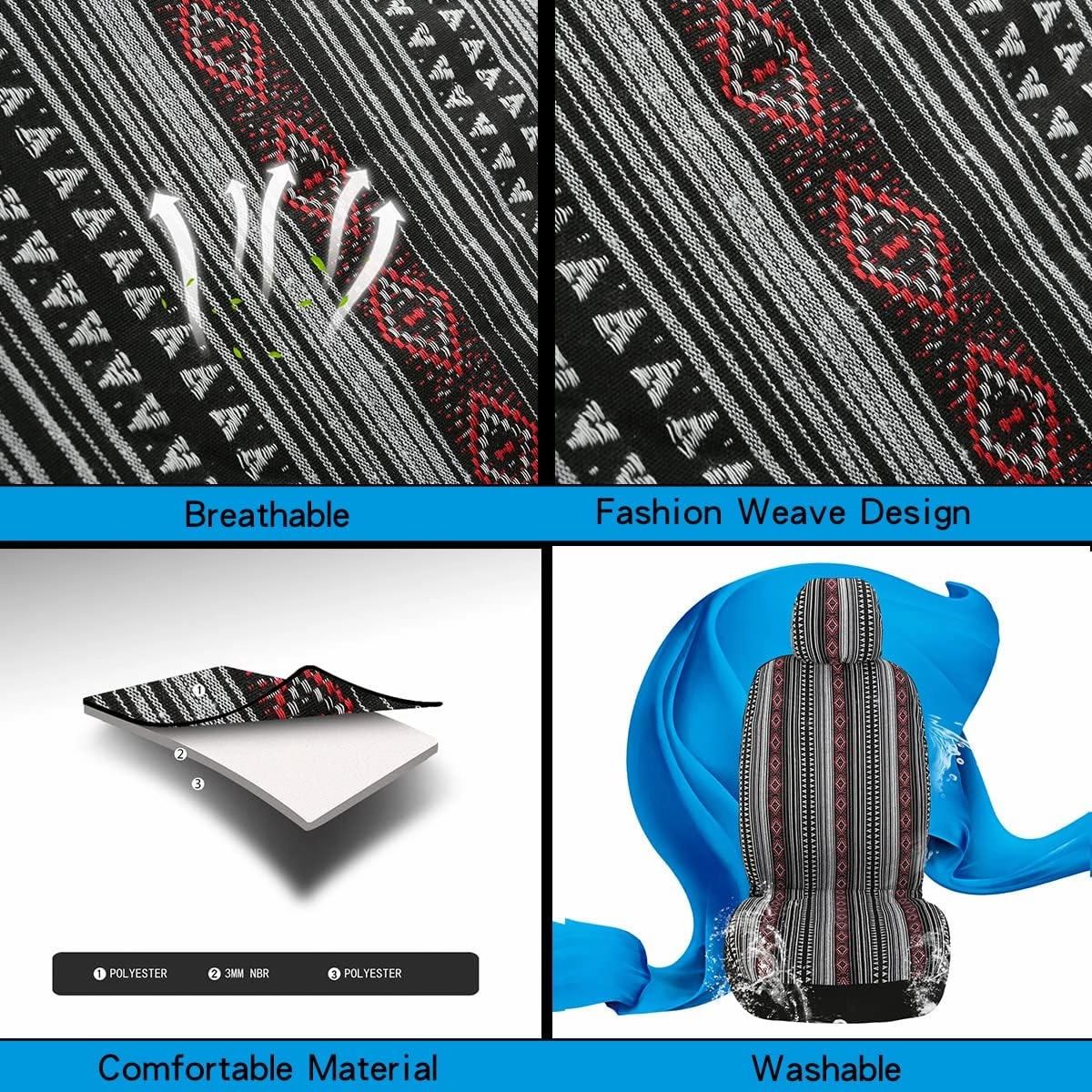 VarCozy Baja Saddle Blanket Seat Covers, Front Seat Covers for Sedan, SUV, Truck, Universal Stripe Colorful Woven Automotive Seat Cover, Breathable, Washable, Airbag Compatible