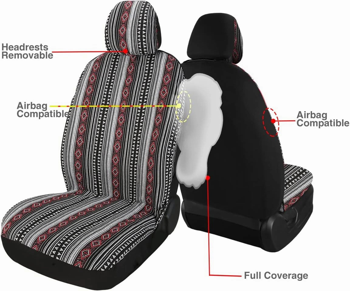 VarCozy Baja Saddle Blanket Seat Covers, Front Seat Covers for Sedan, SUV, Truck, Universal Stripe Colorful Woven Automotive Seat Cover, Breathable, Washable, Airbag Compatible