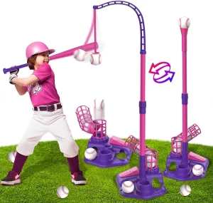 VATOS 3-in-1 T Ball Sets for Kids, Teeball Toy Sets with 6pcs Baseballs, T Ball Stand, Hanging Tee, Auto Launcher, Retractable Bat，Indoor Outdoor Sports Toys Gifts for Boys Girls Age 3-8 Year Old