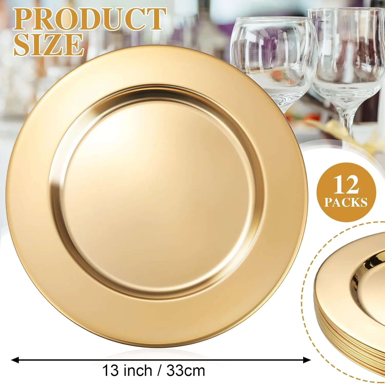 Vesici 12 Pcs Gold Stainless Steel Charger Plates 13 Inch Round Metal Charger Plates Bulk Mirror Elegant Charger Luxury Table Decor for Wedding Dinner Party