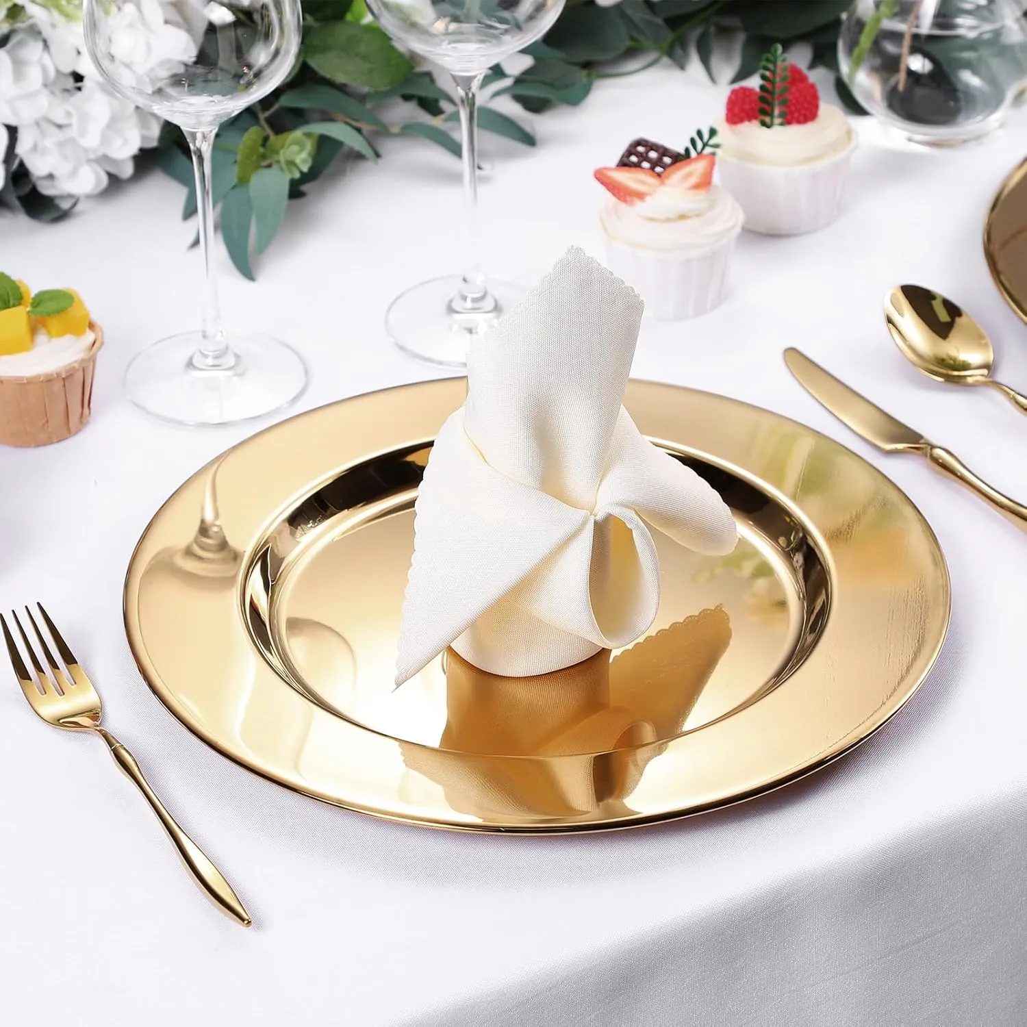 Vesici 12 Pcs Gold Stainless Steel Charger Plates 13 Inch Round Metal Charger Plates Bulk Mirror Elegant Charger Luxury Table Decor for Wedding Dinner Party