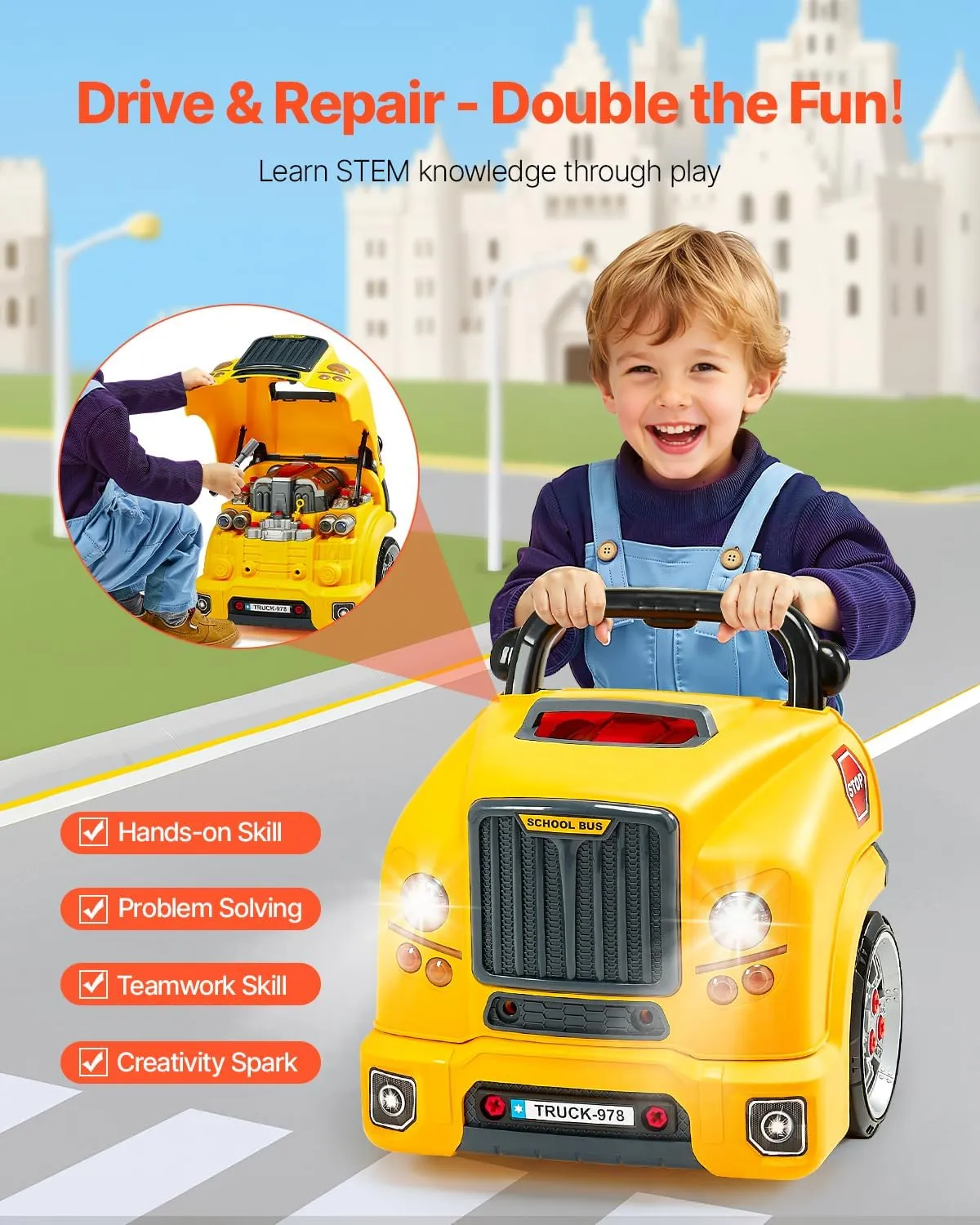 VEVOR Engine Toy, 60 Pieces, Kids Mechanic Car Repair Set with Removable Parts, Lights and Sounds, Steering Wheel and Horn, Kids Mechanic Workshop Set for Toddler Ages 3 Years and Up, Yellow