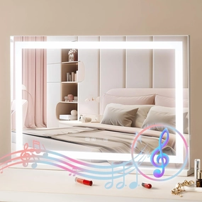 VEVOR Large Vanity Mirror with Lights and Bluetooth Speaker, Three Color Lighting Modes, Lighted Makeup LED Mirror,5X Magnification,USB,Smart Touch Control,Desktop Wall-Mount (31.5x21.7in, White)
