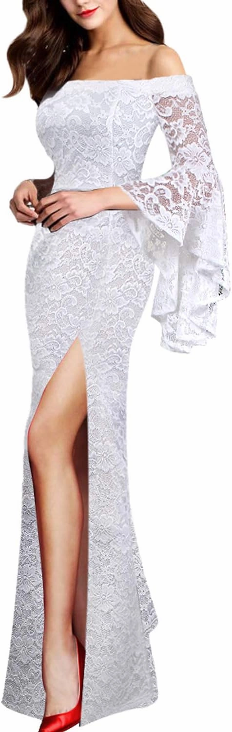 VFSHOW Womens Off Shoulder Bell Sleeve Formal Evening Wedding Party Maxi Dress