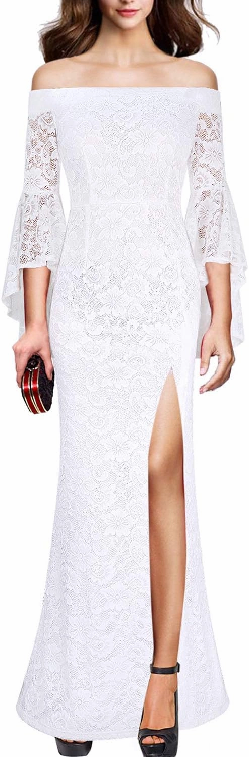VFSHOW Womens Off Shoulder Bell Sleeve Formal Evening Wedding Party Maxi Dress