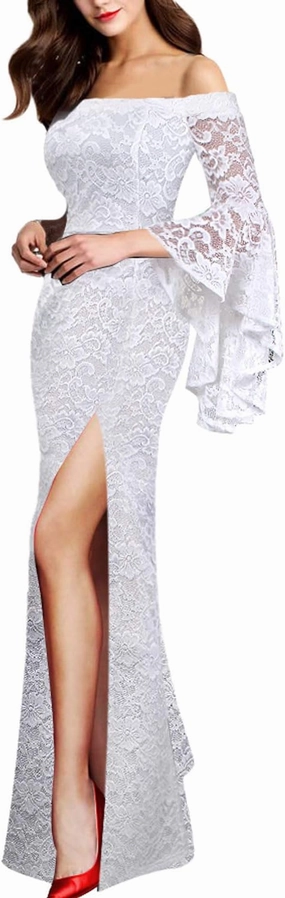 VFSHOW Womens Off Shoulder Bell Sleeve Formal Evening Wedding Party Maxi Dress