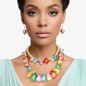Vibrant Double Layer Beaded Multicolor Iridescent Teardrop Necklace Set with Gold Acrylic Balls & Matching Earrings