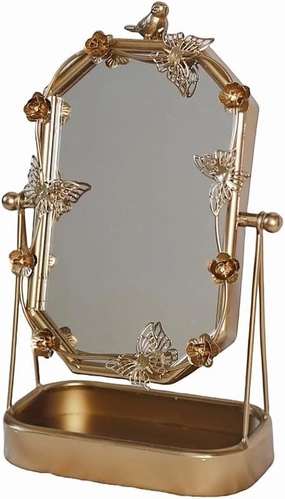 Vintage Gold Tabletop Makeup Mirror, Bird & Butterfly Decorative Vanity Mirror, 12.8” x 8.2” Retro Metal Standing Mirror for Dresser, Bedroom, and Bathroom